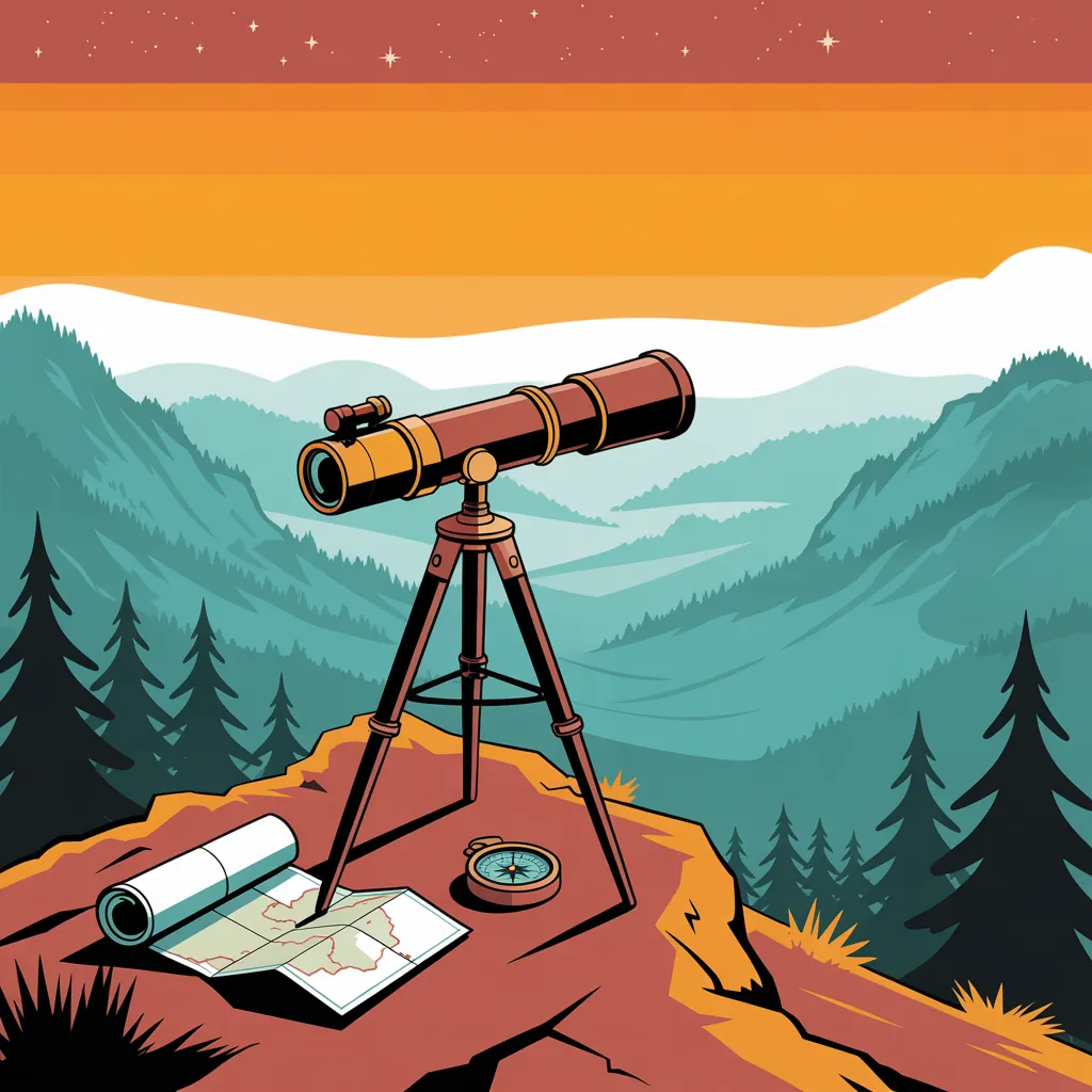Brass spyglass on a tripod overlooking distant mountains
