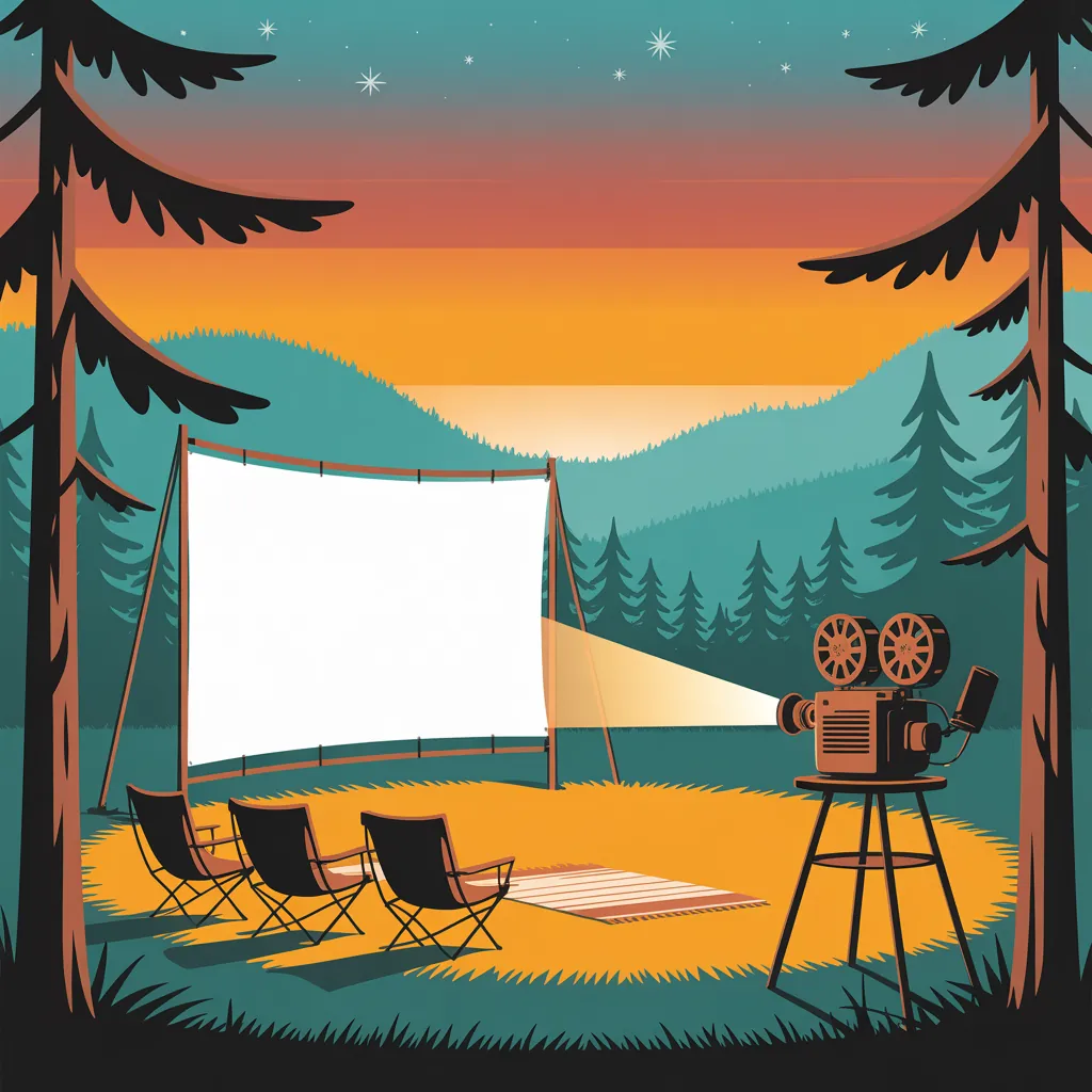 Outdoor movie projector beaming at a canvas screen in a forest clearing